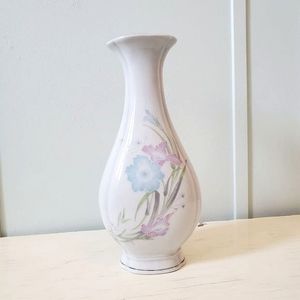 1980's Porcelain Vase Blue and Pink Petunias Silver Rim